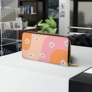Retro floral Wallet for Women, Aesthetic Zipper Wallet, Orange and pink Clutch Wallet with Coin Pocket, Vegan Leather Purse, Gift for women