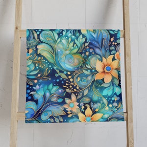 Toalla de mano de arte abstracto, color azul, decoración de baño, estampado floral boho, regalo de baño
