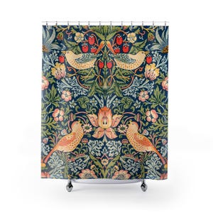 Shower Curtains, William Morris Strawberry Thief Design, Bathroom Decor, Fabric Bath Curtain, Vintage Floral Pattern, Home Decor