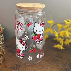 Kawaii kitty cherry coquettes Glass Cup / cute Glass Cup / Gifts for Her  / Iced Coffee Cup / UV DTF wrapped 16 oz