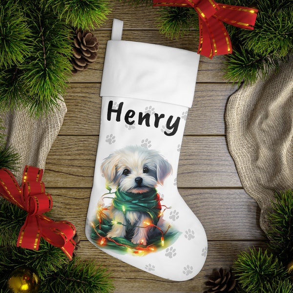 Maltese Holiday Stocking, pet puppy Christmas stocking, gift for dog lovers, dog owners gift, Christmas gift