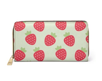 Cottage core Erdbeere Reißverschluss Brieftasche, Brieftasche der Frau, Reise Brieftasche, Brieftasche Geschenk für sie, Erdbeerdruck Geschenk, Mint Farbe, Obst Thema
