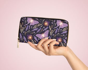 Lavender and glow moth Zipper wallet, Purple butterflies and fireflies, Boho womens wallet, giifts for her