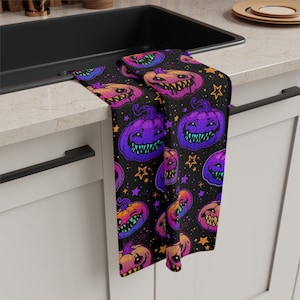 Creepy smiling pumpkins Tea Towel, Halloween decor, Haunted house decor, Vivid colors kitchen towel, kitchen decor, Spooky decor