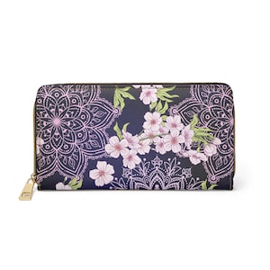 Cartera con cremallera Cherry Blossom, billetera para mujer, billetera de jardín de flores, billetera boho, billetera de flores botánicas, billetera Mandala, billetera de primavera