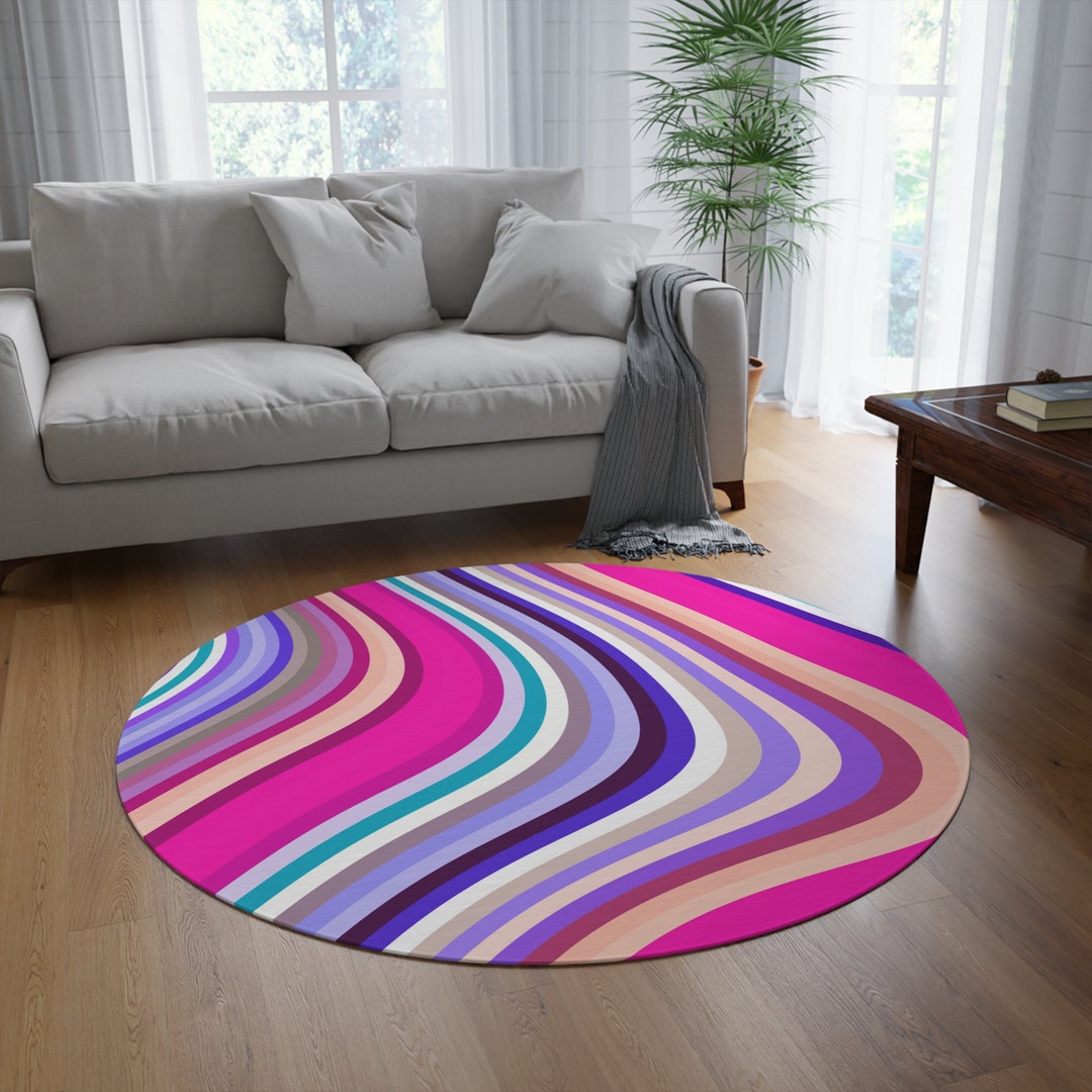 Bright Colour Rug Boho Fluid Abstract Rug, Bright Color Round Rug, Retro Wavy Striped Rug ...