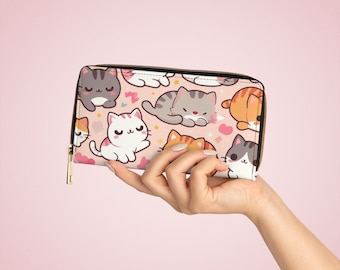 Cartera de gatito Kawaii, cartera con cremallera para mujer, linda cartera de gato japonés, cartera de cuero vegano, regalos para ella