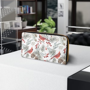 Cartera con cremallera pájaro cardenal, regalo de Navidad, regalo de recuerdo, paisaje nevado, billetera de invierno, linda billetera estética, billetera de mujer