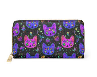 Cartera gótica con cremallera, estampado de cartera jabba de gato hongo psicodélico, cartera de mujer, cartera de Halloween, regalos para ella