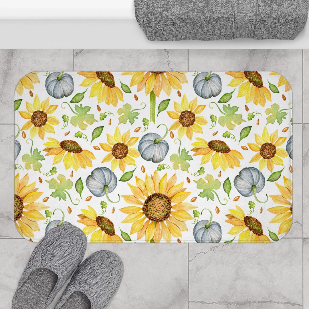 Bright Floral Bath Rug, Blue Pumpkins and Sunflowers Bath Mat, Bathroom