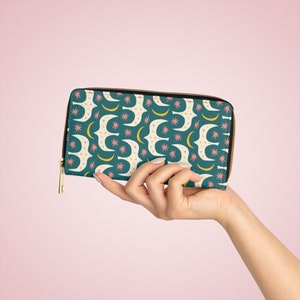 Cartera pájaros de la paz, diseño escandinavo, linda cartera de mujer, cuero vegano, cartera de pájaro abstracto, cartera Boho, cartera elegante