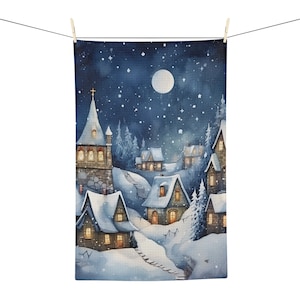 Blue and white Winter kitchen dish towel, snowy wonderland, Christmas decor, Soft Tea Towel