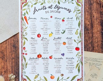 Affiche Calendrier des fruits et légumes de saison en français - (A4) - Reproduction fine art illustration aquarelle