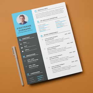 May include: A black and white resume template with a blue accent color. The resume includes a profile section, contact information, education, work experience, and skills and expertise. The resume is for a graphic designer.