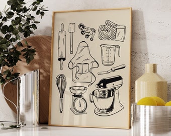 Kitchen Wall Art Print: Baking Utensils Illustration (Digital Download)
