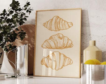 Croissant utskrivbar väggkonst, franskt bakverk, matlagningsaffisch, köksinredning, trendig estetisk heminspiration, minimalistisk, handritad matälskare, present