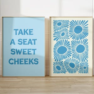 Blue Bathroom Print Set Of 2 Funny Bathroom Decor Pastel Blue Bathroom Wall Art Bundle Floral Printable Wall Art Powder Room Wall Decor
