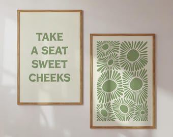 Sage Green Bathroom Print Set: Funny Floral Powder Room Decor (Digital Download)