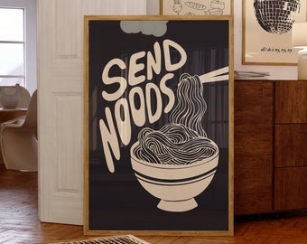 Art mural nouilles ramen pour cuisine, décoration d'intérieur originale, impression de noods, affiche de salle à manger, art mural de cuisine mignon, décoration murale amusante