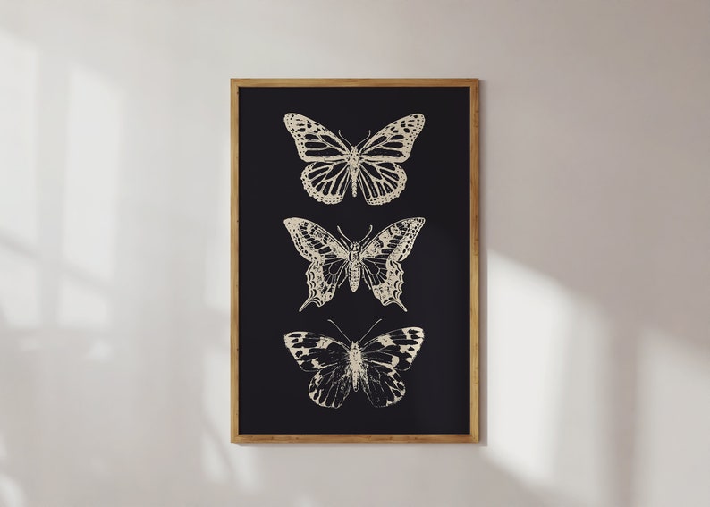 May include: A black framed print with three white silhouette butterflies on a black background.