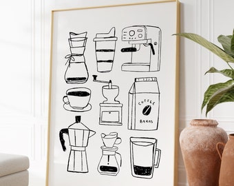 Coffee Bar Print: Hand Drawn Kitchen Art (Digital Download)