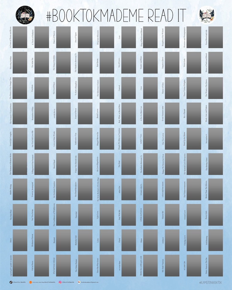May include: A printable bingo card with a blue background and grey squares. The squares contain book titles, such as "The Seven Husbands of Evelyn Hugo" and "The Shadows Between Us". The card is titled "#BOOKTOKMADEME READ IT".