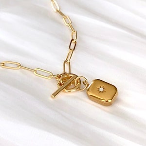 14k Gold Plated Toggle Pendant Necklace,Toggle Choker, northern star paperclip necklace,14k Gold Plated Paperclip Chain