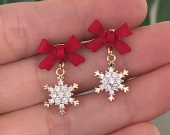 Snowflake Earrings Holiday Earrings 14k Gold Plated Snow Earrings Christmas Earrings Gemstone Christmas Tree Earrings Christmas Gift for Her