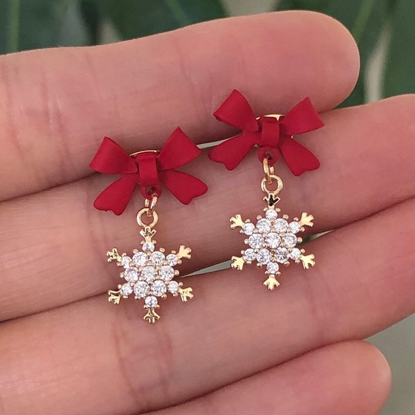 Snowflake Earrings Holiday Earrings 14k Gold Plated Snow Earrings Christmas Earrings Gemstone Christmas Tree Earrings Christmas Gift for Her