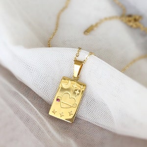 Collier soleil en acier plaqué or 18 carats, collier coeur, étoiles de lune, carte de tarot, collier en acier titane, cadeau de demoiselles d'honneur, collier BFF