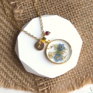 Original design Real Forget Me Not Flower Necklace Handmade Pressed Forget Me Not Birthstone Necklace Dried Flower 14k gold plated Necklace