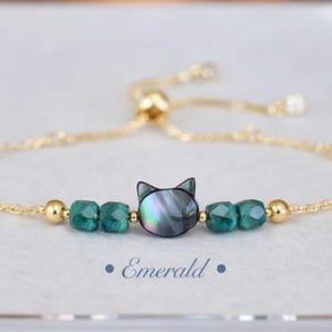 Cat Bracelet Natural Birthstone Bracelet Natural Emerald Bracelet Birthstone Bracelet for Cat Lover Valentine's Day Gift for Cat Lover