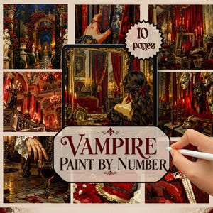 以下が含まれることがあります： Vampire Paint by Numberというタイトルのデジタル数字塗り絵セット。深みのある赤と金のカラーパレットで描かれた10ページのゴシック調のシーンが含まれており、装飾された舞踏会場、仮面舞踏会のマスク、キャンドルで照らされた室内などが描かれています。