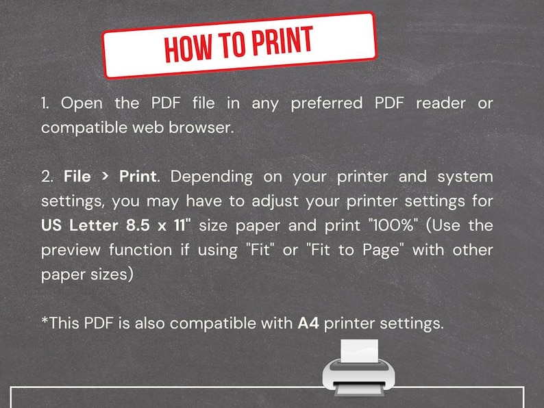 K&ouml;nnte beinhalten: Bild mit Anweisungen zum Drucken einer PDF-Datei. Es beschreibt das &Ouml;ffnen der PDF-Datei, die Auswahl von 'Drucken' und das Anpassen der Druckereinstellungen f&uuml;r US Letter Papier (21,6 x 27,9 cm) bei 100%. Auch A4-kompatibel.