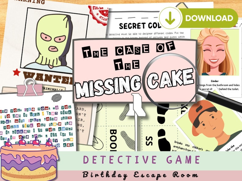 Missing cake case file. Exciting detective game for kids.