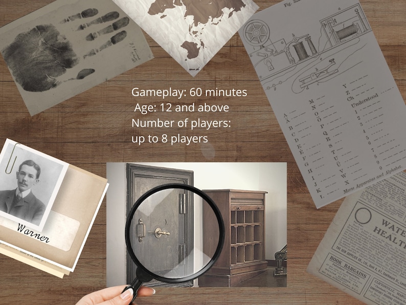 May include: A vintage-style escape room game with a wooden door, a magnifying glass, and a wooden cabinet with drawers. The game is for 1 to 8 players and takes 60 minutes to play. The game is appropriate for ages 12 and up.