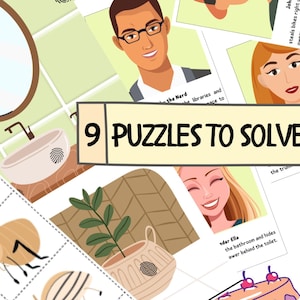 May include: Nine colorful puzzle cards with illustrations of people, objects, and a fingerprint. The text "9 Puzzles to Solve" is in a white box with a black border.