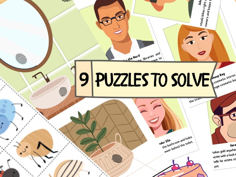 May include: Nine colorful puzzle cards with illustrations of people, objects, and a fingerprint. The text "9 Puzzles to Solve" is in a white box with a black border.