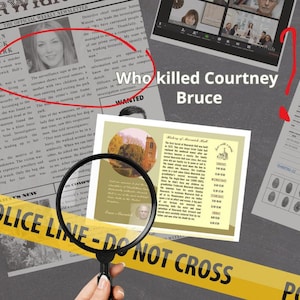 K&ouml;nnte beinhalten: Eine Kriminalszene mit Zeitungsausschnitten, einer Lupe und einem Polizeiband. Die Schlagzeile lautet "Wer hat Courtney Bruce get&ouml;tet?" mit einem Foto einer rot umkreisten Frau.