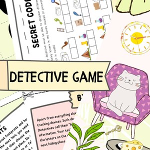 May include: A detective game with a pink and white cat sitting in a pink armchair. The game includes a secret code, footprints, and a book. The text "DETECTIVE GAME" is written in a yellow banner.