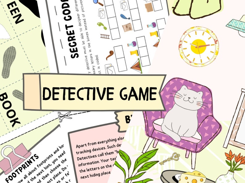 May include: A detective game with a pink and white cat sitting in a pink armchair. The game includes a secret code, footprints, and a book. The text "DETECTIVE GAME" is written in a yellow banner.