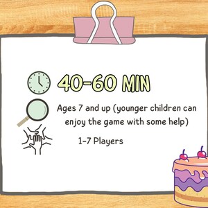 May include: A white sheet of paper with a yellow and black clock icon, a magnifying glass icon, and a hand icon. The paper is attached to a pink clipboard with a silver clip. The text on the paper reads "40-60 MIN", "Ages 7 and up (younger children can enjoy the game with some help)", and "1-7 Players".