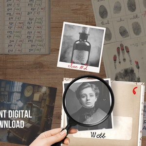 May include: A vintage-style cork board with various clues for a mystery game. The board includes a black and white photo of a woman, a black and white photo of a bottle, a sheet of paper with fingerprints, and a piece of paper with a handwritten note that says "clue #2".