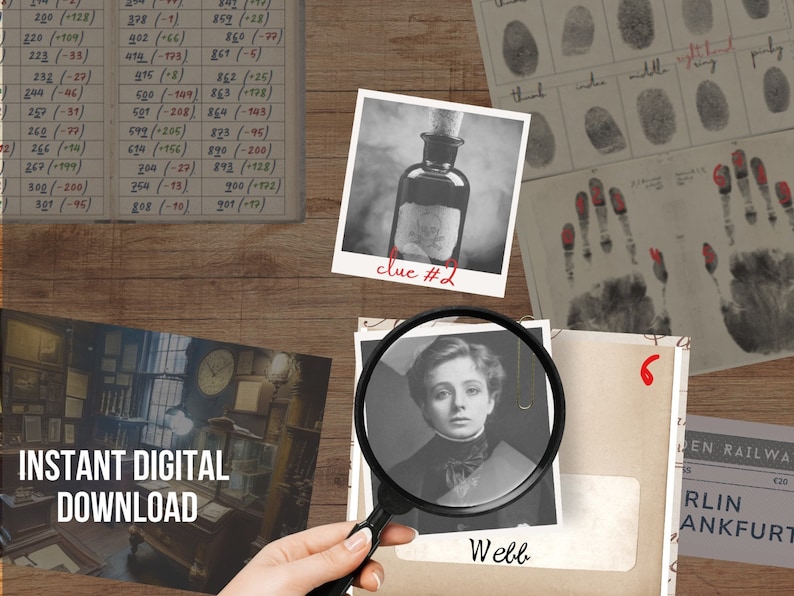 May include: A vintage-style cork board with various clues for a mystery game. The board includes a black and white photo of a woman, a black and white photo of a bottle, a sheet of paper with fingerprints, and a piece of paper with a handwritten note that says "clue #2".