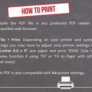 May include: Blackboard with white text explaining how to print a PDF file. The text includes instructions to open the PDF file in a PDF reader or web browser, and to adjust printer settings for US Letter size paper. The text also mentions that the PDF is compatible with A4 printer settings.