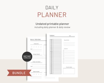 May include: A printable daily planner bundle with a black and white design. The bundle includes a daily planner and a daily review page. The planner has sections for today's date, top priorities, to-do list, and to call or email. The review page has sections for productivity, things that went well, things to improve, and mood of the day.