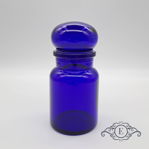 Vintage Belgische kobaltblauwe glazen apothekerspot, doorzichtige container, bubble top deksel, België, gemarkeerd ondertekend, 200 ml, lege glazen fles