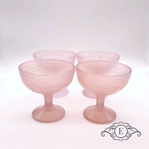 Set von 4 französischen Vintage-Fruchtglas-Frucht-Eisschalen, Dessert-Coupé-Schale aus pastellrosa Glas, Pastel-Eisbecher, markiertes Lot, Made in France