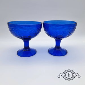 Set of 2 French Vintage Cobalt Blue Bowls, Dessert coupe bowl glass, Ice cream Sundae, Fruit decor, Marked Lot, Made in France, French gift