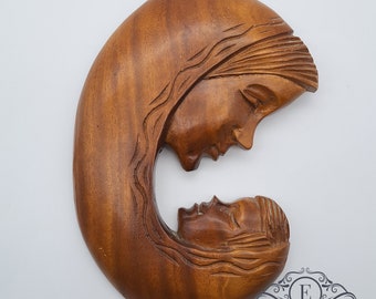 Vintage Santa Maria segurando placa de madeira de Jesus, Madonna esculpida à mão com criança, católica religiosa